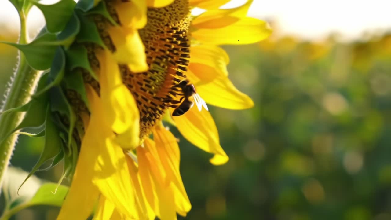 A Close-Up on Nature's Beauty: Sunflower with Buzzing Bee Captured in Stunning Detail During a Golden Hour