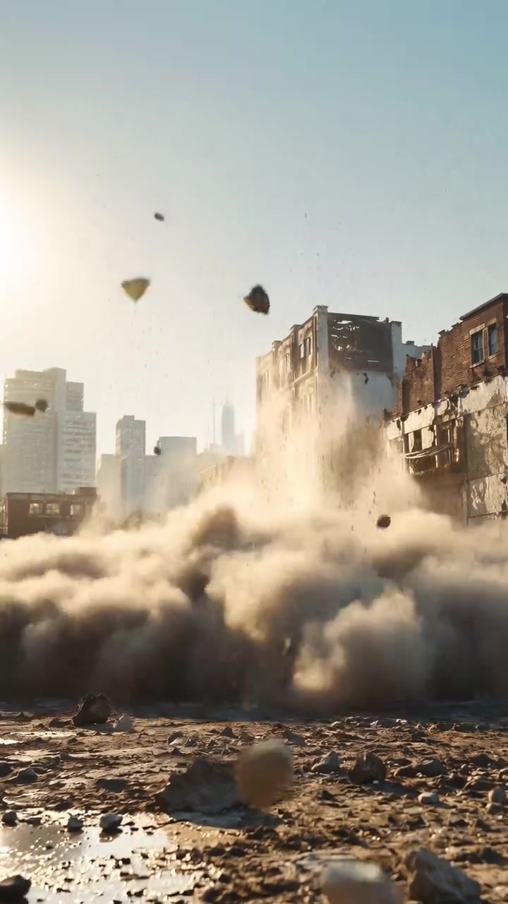 Scena di demolizione urbana che mostra detriti che si sollevano nell'aria fosca mentre una densa polvere si sposta su mattoni rotti, con calda luce solare bassa, skyline distante, forte contrasto e un'atmosfera industriale cruda