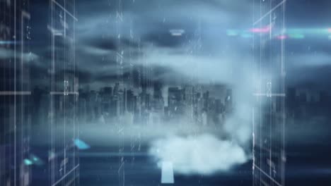 Animation-of-data-processing-over-cityscape-with-falling-snow-and-tornado