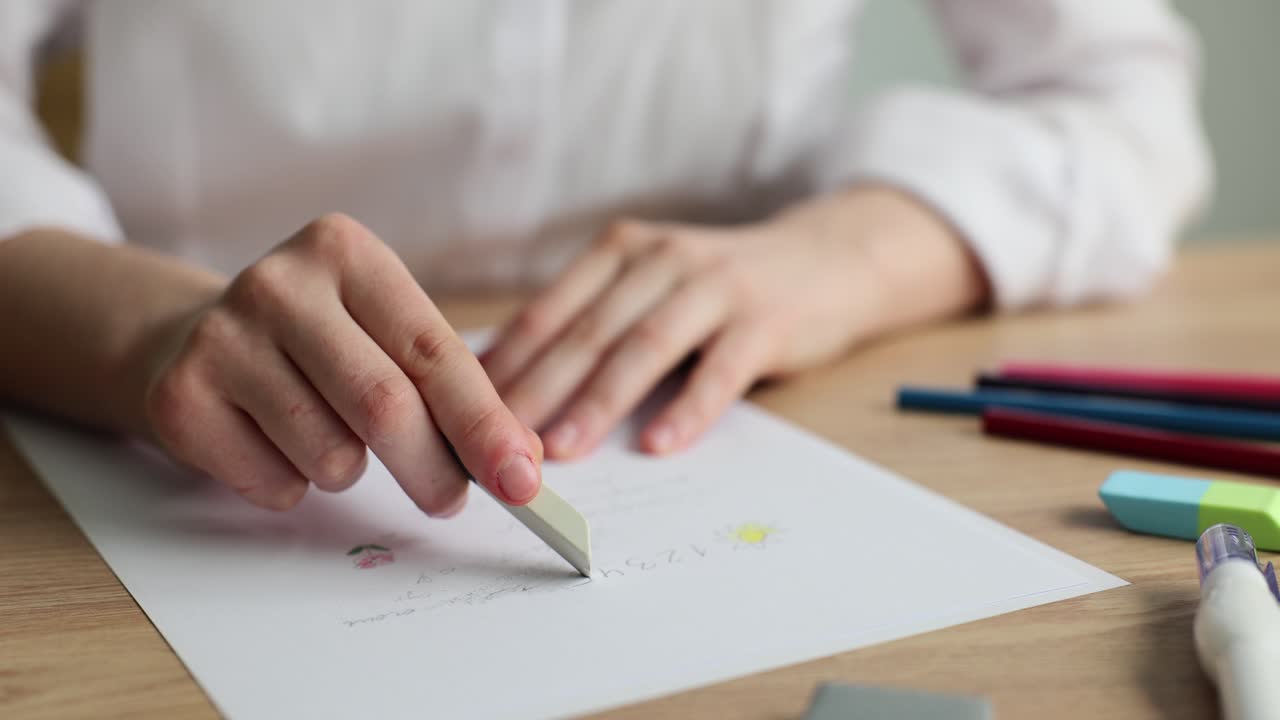 A person's hand using an eraser on a piece of paper