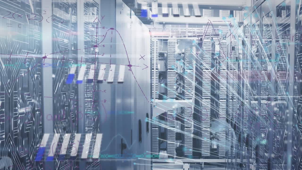 Animation of data processing, mathematical equations and light trails against computer server room