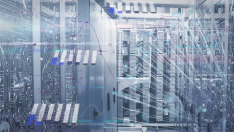animation of data processing, mathematical equations and light trails against computer server room