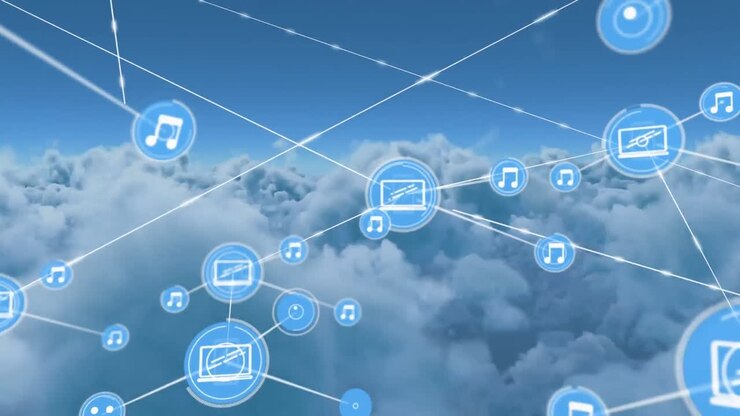 Animation of network of connections with icons over clouds on blue background