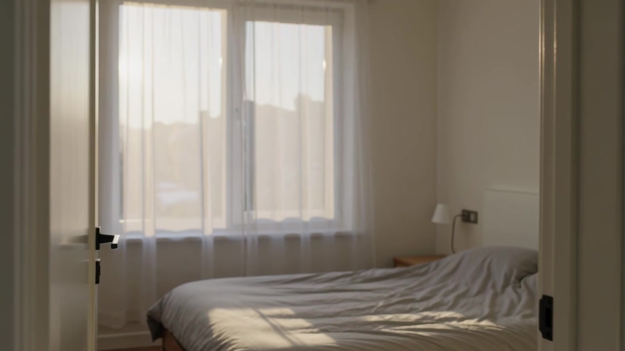 Letto in vista, piumone e cuscino stropicciati che catturano la luce del sole sotto tende trasparenti all'apertura della porta di casa.