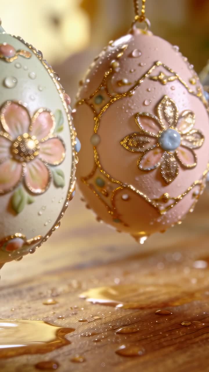 Vertical video: Gathering droplets, pastel eggs on gold cords shedding one droplet onto table
