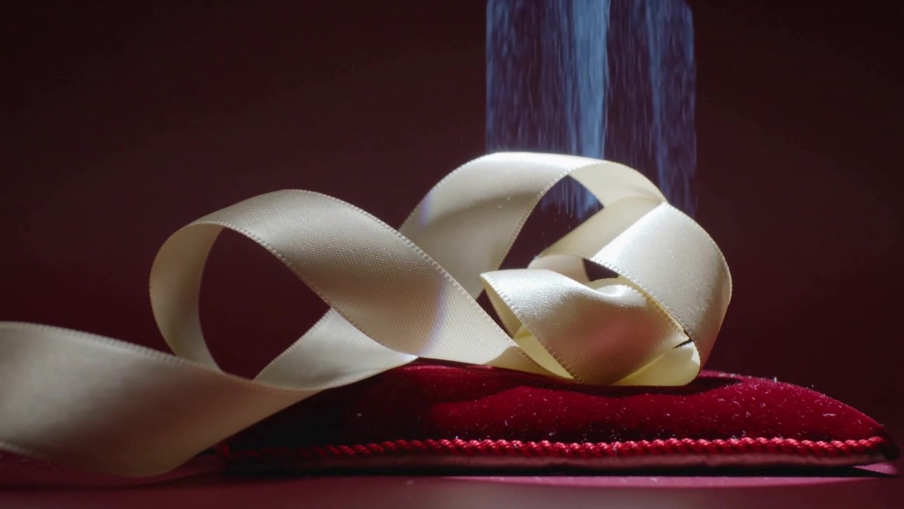 Strisce blu ascendenti illuminano un nastro d'oro pallido su un cuscino rosso su un tavolo da studio, creando punti luce.