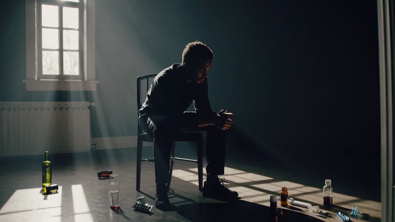 Dramatic video scene with a moody, low-angle shot of a man sitting in a dimly lit room