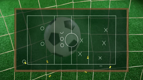 animation of sports tactics over football field and football in goal in background