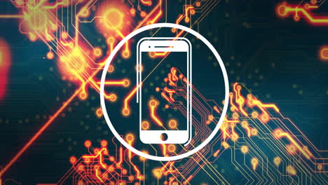 animation of smartphone icon and data processing over circuit board on black background