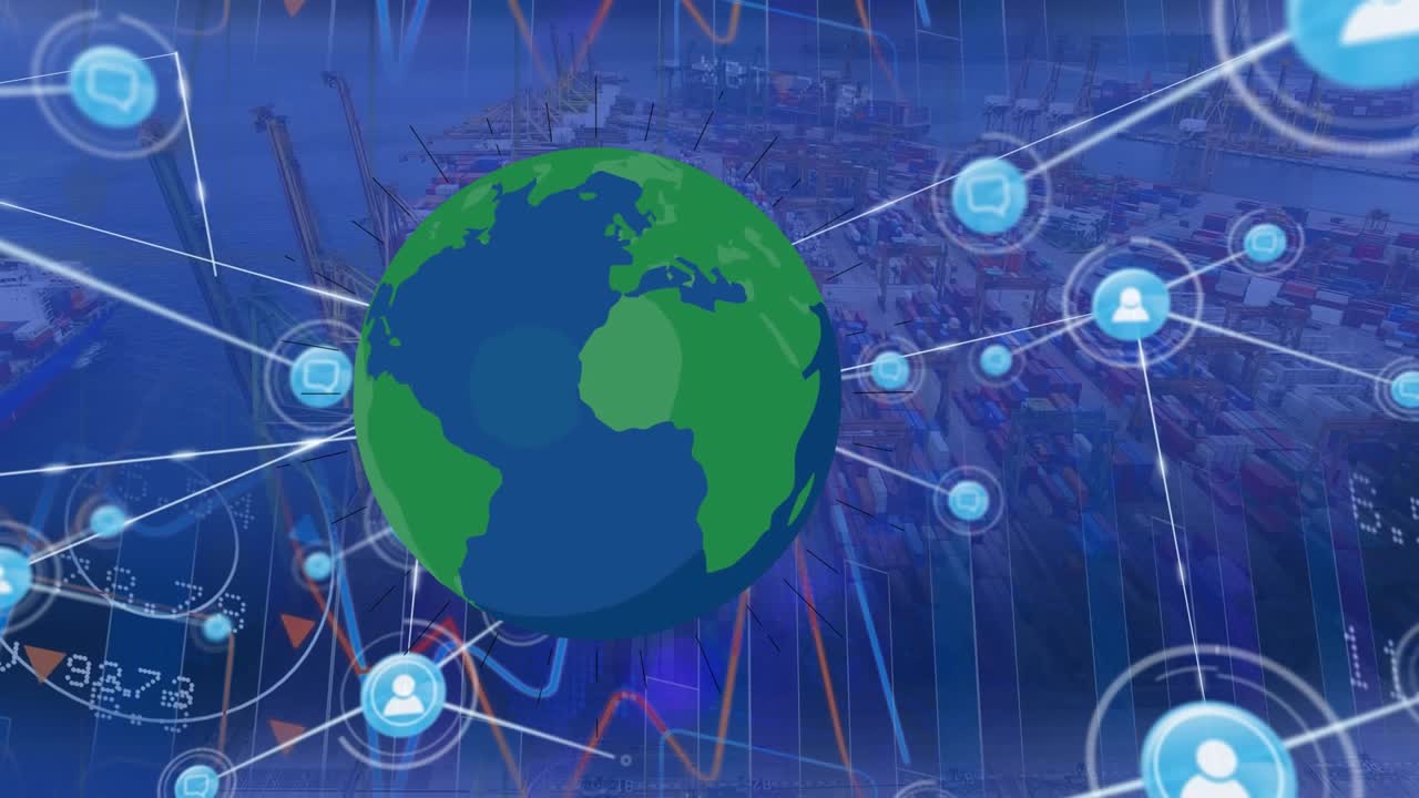 Animation of network of connections and globe over cityscape