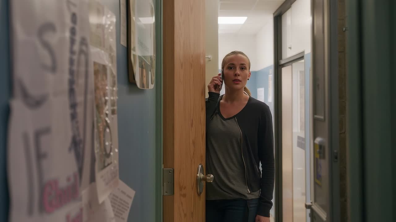 Entering woman in grey shirt and dark jacket holding phone, tucking hair in corridor during call