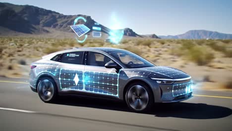 a futuristic electric car utilizing solar technology on a desert road, indicating sustainable travel and innovative energy solutions for the modern era