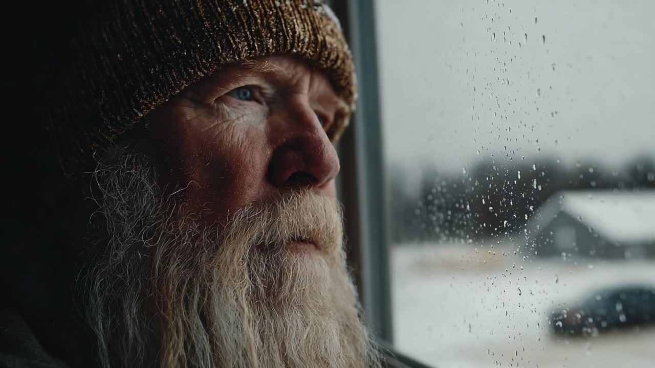 A Contemplative Moment: An Elderly Man Gazes Thoughtfully Out the Window, Lost in Reflection Amidst a Rainy Day's Sombre Atmosphere