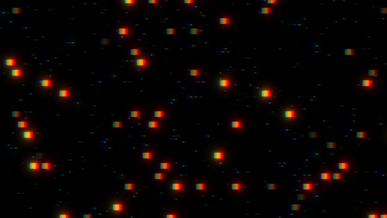 rejilla vibrante de puntos rojos, amarillos y naranjas flotando en un fondo oscuro