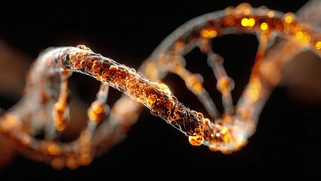 Una visualizzazione mozzafiato della struttura a elica del DNA, che evidenzia complesse interazioni molecolari e le complessità del materiale genetico in vivido dettaglio.