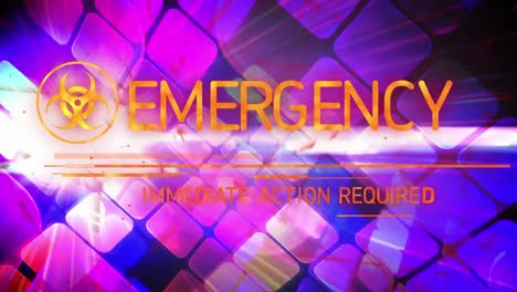 animación del texto de emergencia sobre el patrón de neón en fondo oscuro