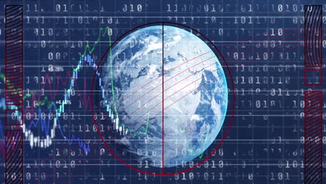 Animation-of-financial-data,-binary-code-over-globe-in-navy-space