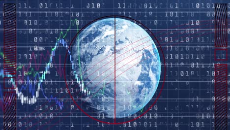 Animación-De-Datos-Financieros,-Código-Binario-Sobre-El-Globo-En-El-Espacio-Naval