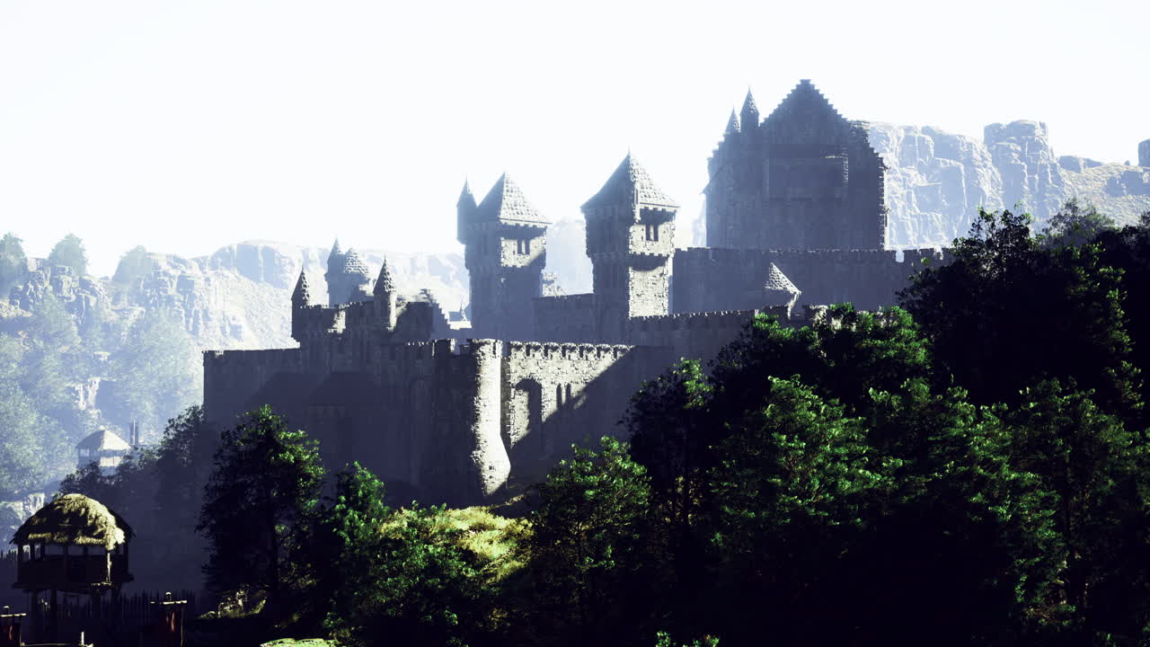 Majestic castle stands tall against a clear sky surrounded by lush greenery