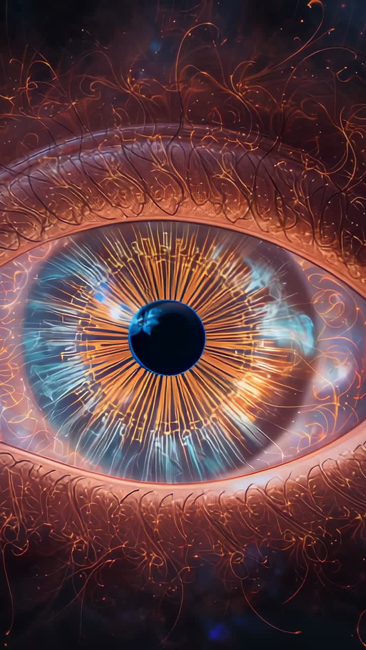 Video verticale: fotogramma di apertura che rivela un'iride che si illumina nel vuoto, mostrando filamenti luminescenti