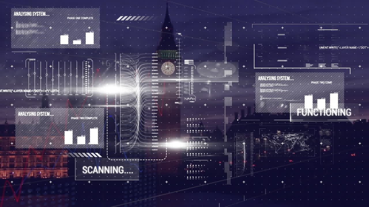 animación de pantalla digital con diversos datos y gráficos sobre el paisaje urbano nocturno borroso