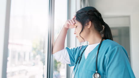 doctor, woman and window with headache