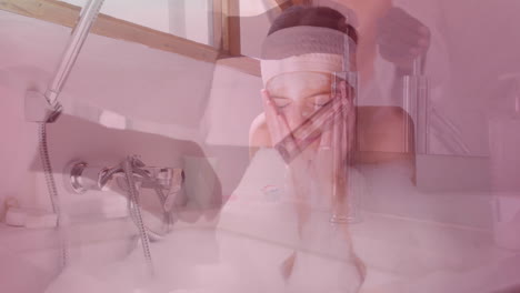 in bathtub, woman covering face with hands, animation overlaying bathroom scene