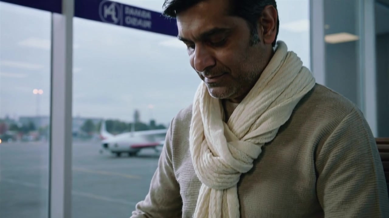 Uomo che apre una mappa, con maglione beige e sciarpa color crema, traccia il percorso, pianificando all'aeroporto con la valigia