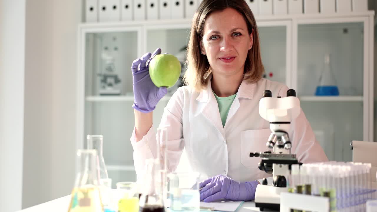 Scientist holding an apple in a lab