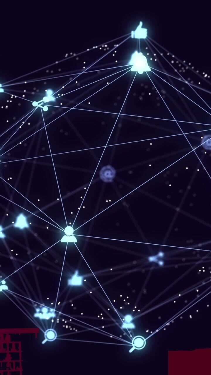 Animation of globe of digital network of connections with icons over 3d cityscape model