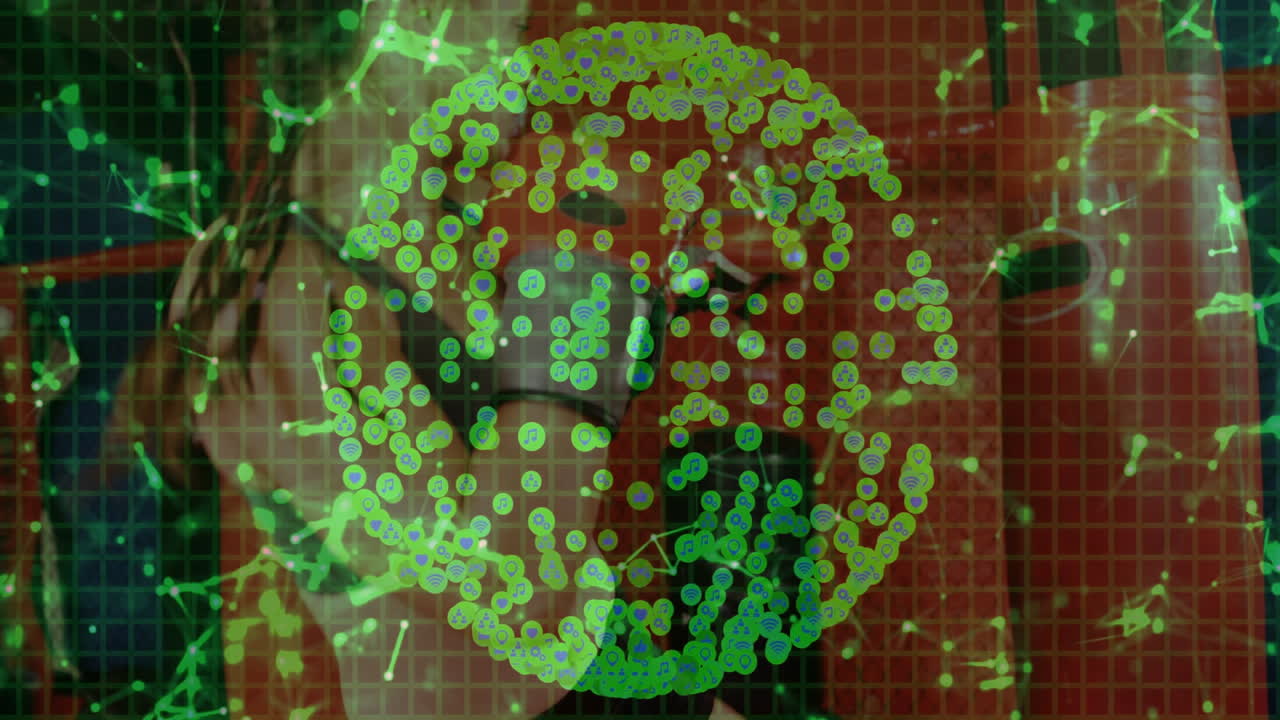 adult woman contemplating in abstract tech grid, with floating nodes and digital brain icons