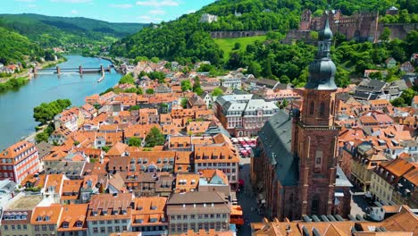 4k aerial drone video of historic heiliggeistkirche church, castle on königstuhl hill, and old bridge on the neckar river in heidelberg, germany