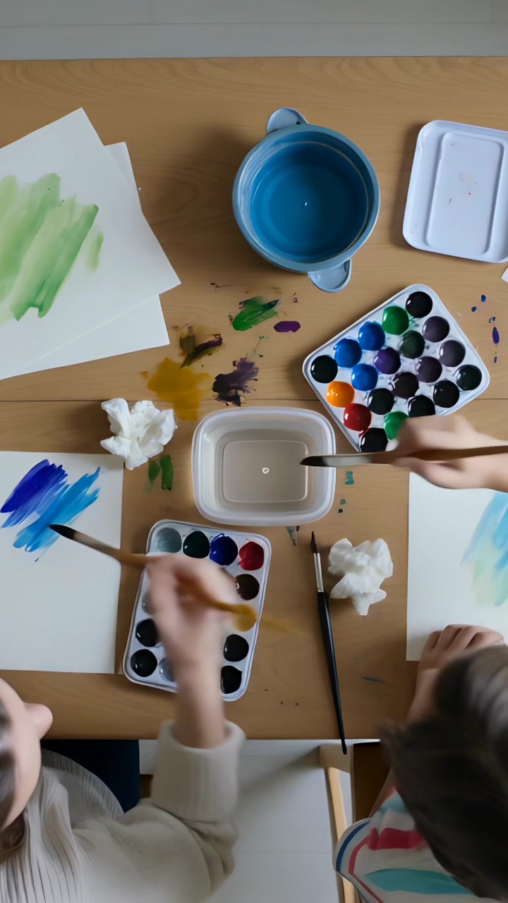 Vertical video: Painting after palettes set, kids at table rinsing brushes in tub for watercolor