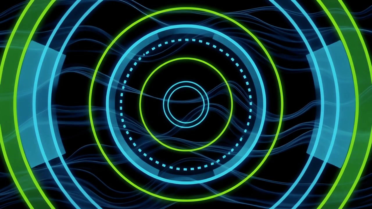 Abstract Digital Circles and Wavy Lines Expanding on Black Background