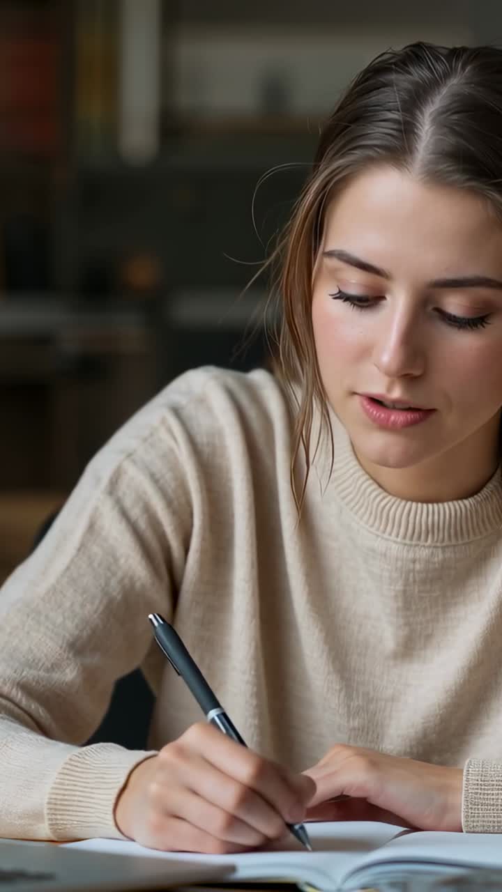 Video verticale: donna sorridente con una maglia beige che guarda la telecamera, scrive appunti al tavolo con penna e diario.