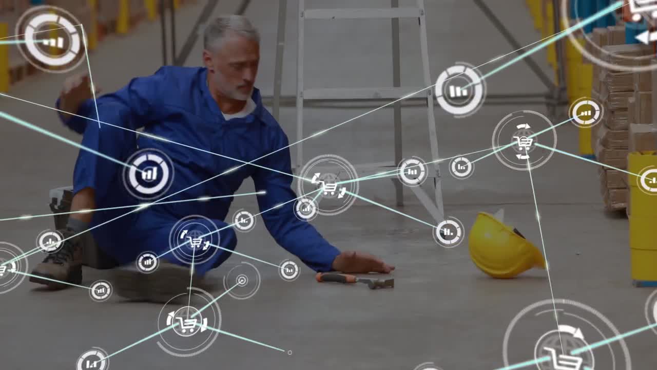 animación de la red de conexiones sobre el hombre que cae mientras trabaja en el almacén