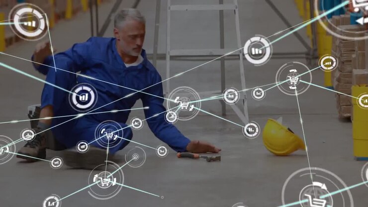 Animation of network of connections over man falling while working in warehouse