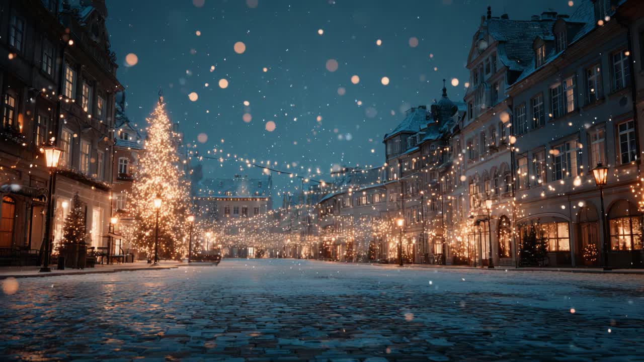 Enchanting Winter Night Scene with a Glimmering Christmas Tree and Dazzling Lights Shimmering on a Snow-Covered Street, Creating a Magical Holiday Ambiance