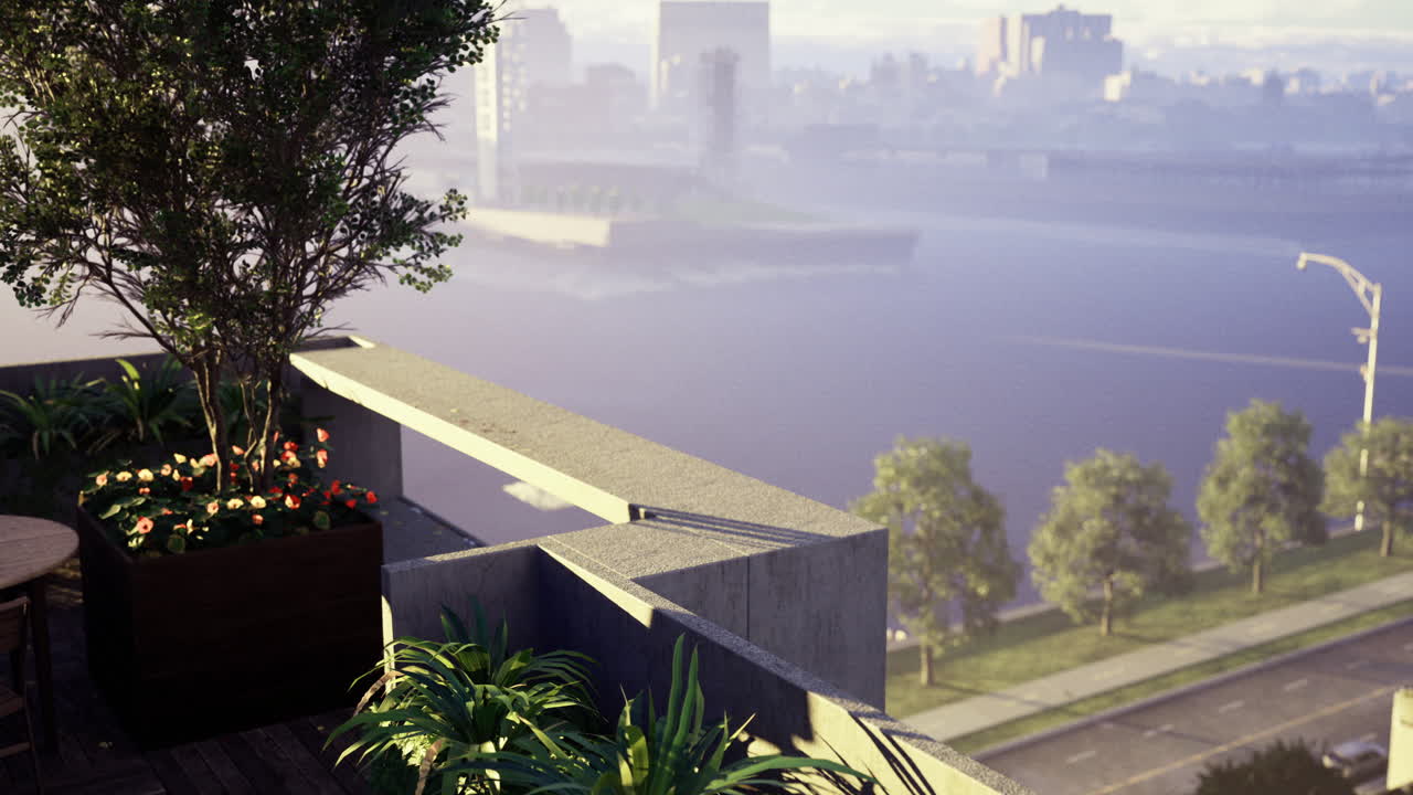 Stunning view from a modern rooftop garden overlooking a river