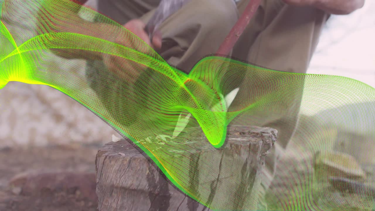 Hombre colocando un pequeño palo en un tocón y tallando virutas de madera con un cuchillo para un tutorial de carpintería.