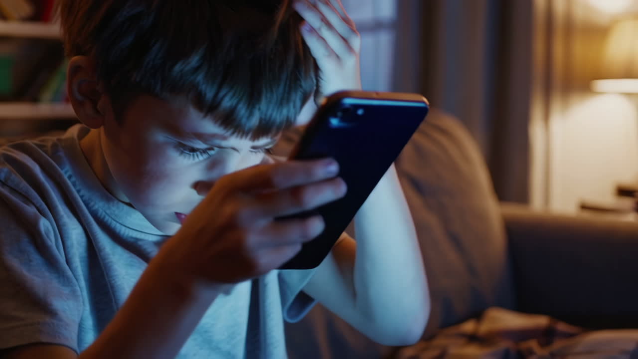 밤에 스마트폰을 사용하는 소년