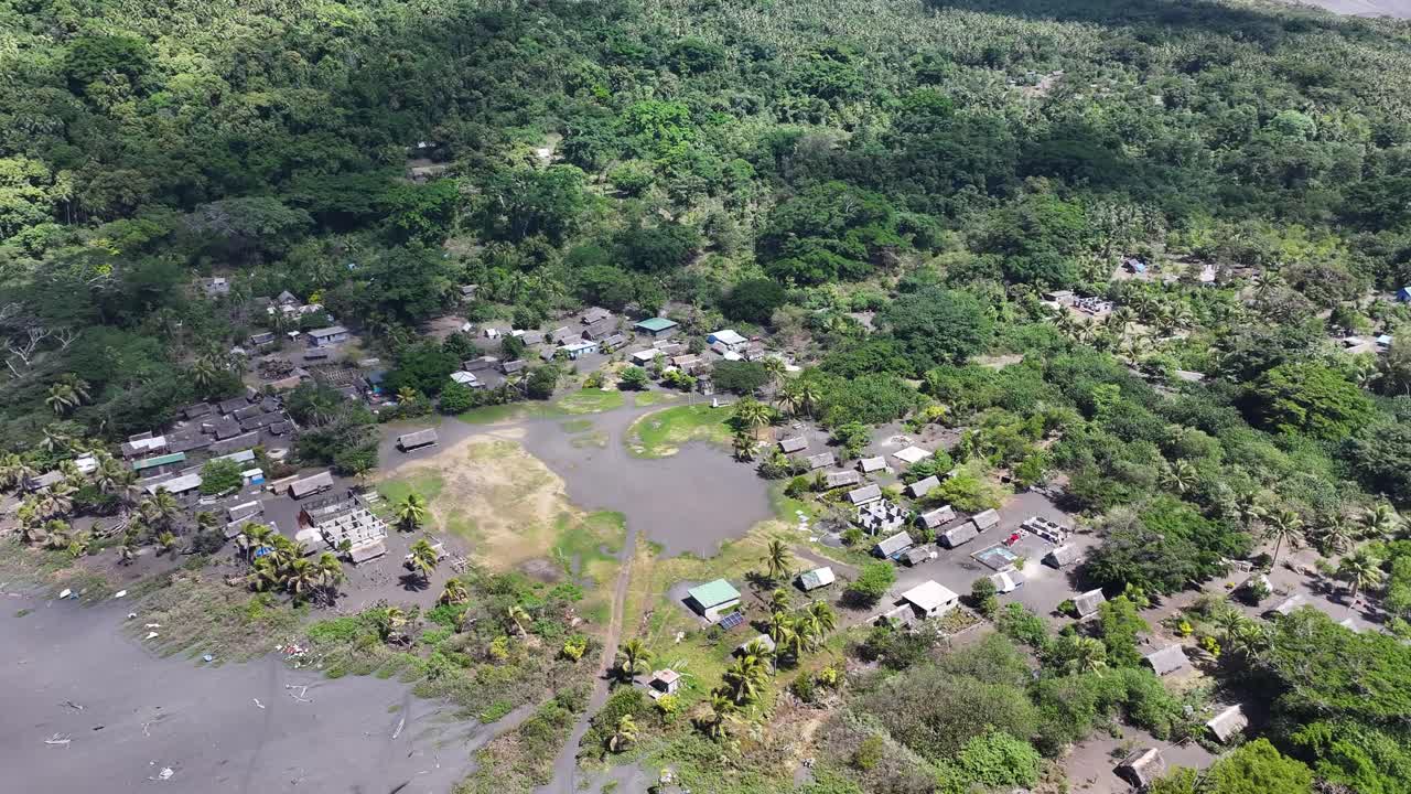 Vanuatu, Tanna Island, small village with traditional buildings on the coast. Aerial panoramic