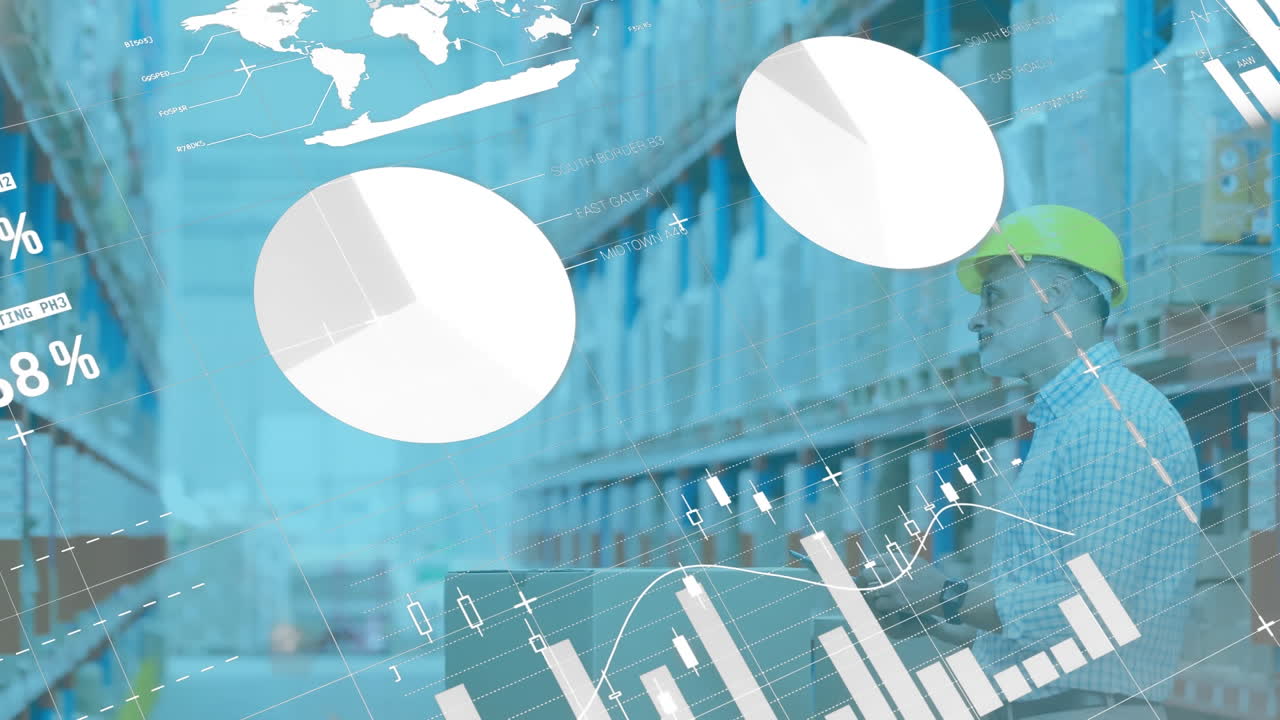 태블릿을 사용하여 창고에서 일하는 사람을 통해 통계 및 데이터 처리 애니메이션