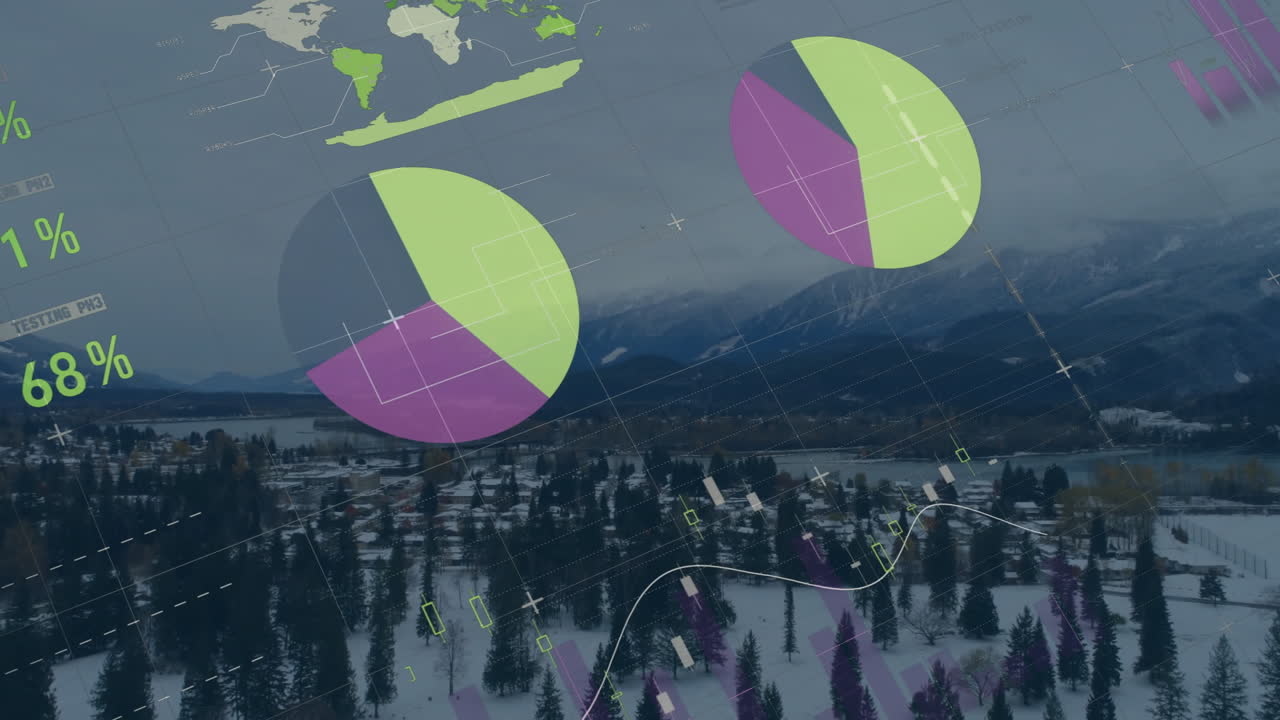 Aerial mountain town scene presenting translucent data overlays over frozen lake with pastel charts