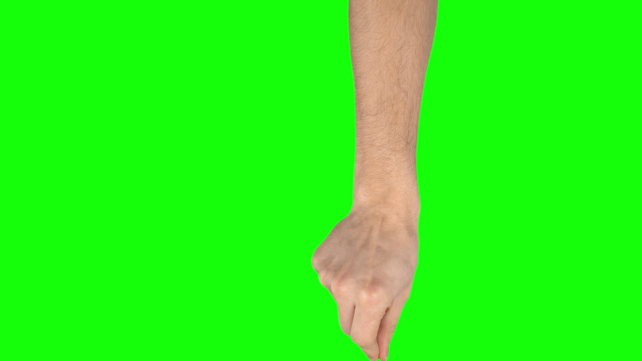 Man hand is performing double swipe down at tablet screen gesture on green screen. Close up