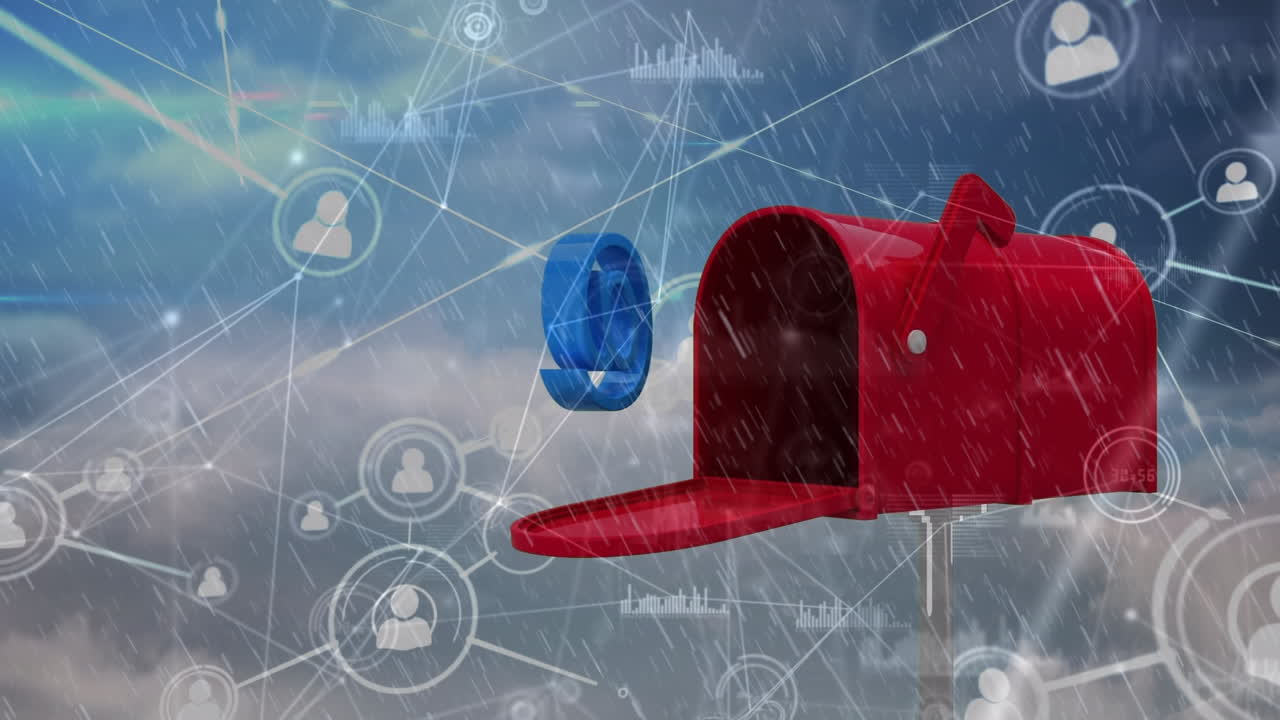 사람 아이콘과의 연결 네트워크를 통해 빨간 편지함과 이메일 기호의 애니메이션