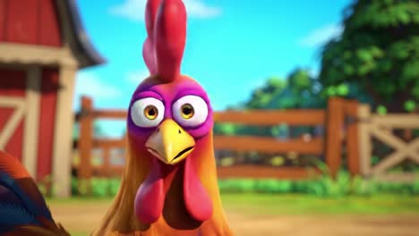 animated rooster surprises with comical expressions in vibrant barnyard setting, capturing the essence of playful farm life in stunning detail
