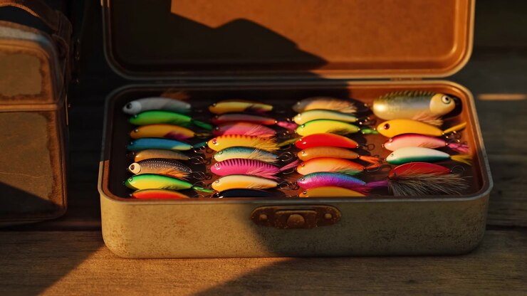 Metal tackle box lid rises to reveal neatly organized rows of spoon and plug fishing lures, glossy painted details, painted eyes, scale patterns, feathered tails, hooks, and warm light