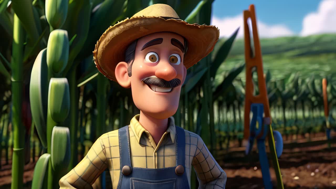 Un agricoltore con un cappello di paglia è in piedi in un campo di mais