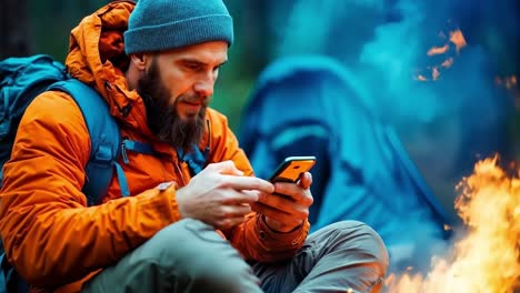 a man sitting in front of a campfire looking at his phone